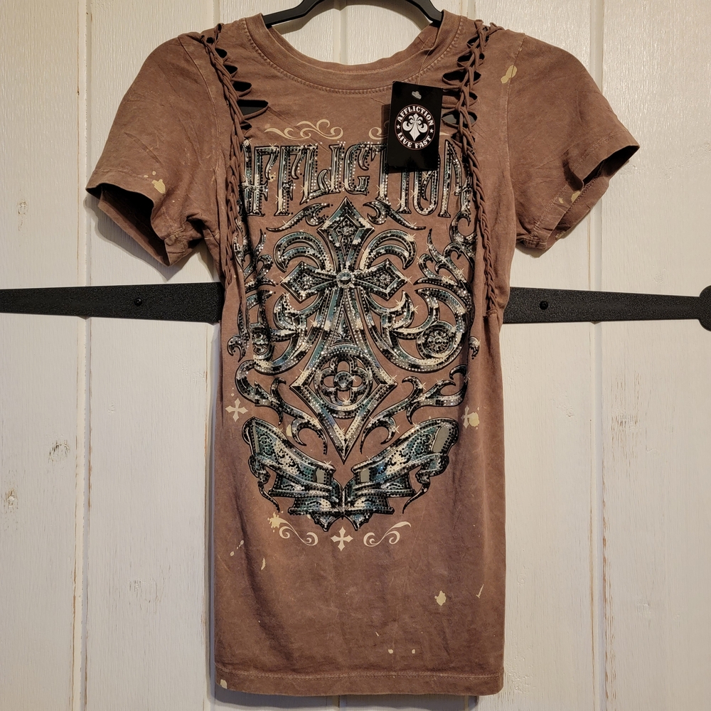 Affliction Womens T-Shirt Brown Cross Cut-Out Design Rhinestone Size Medium